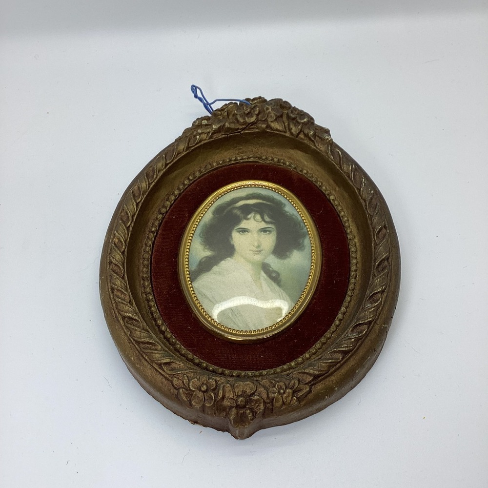 Vintage Victorian Style Oval Miniature Portrait Red Velvet Gold Ornate Frame